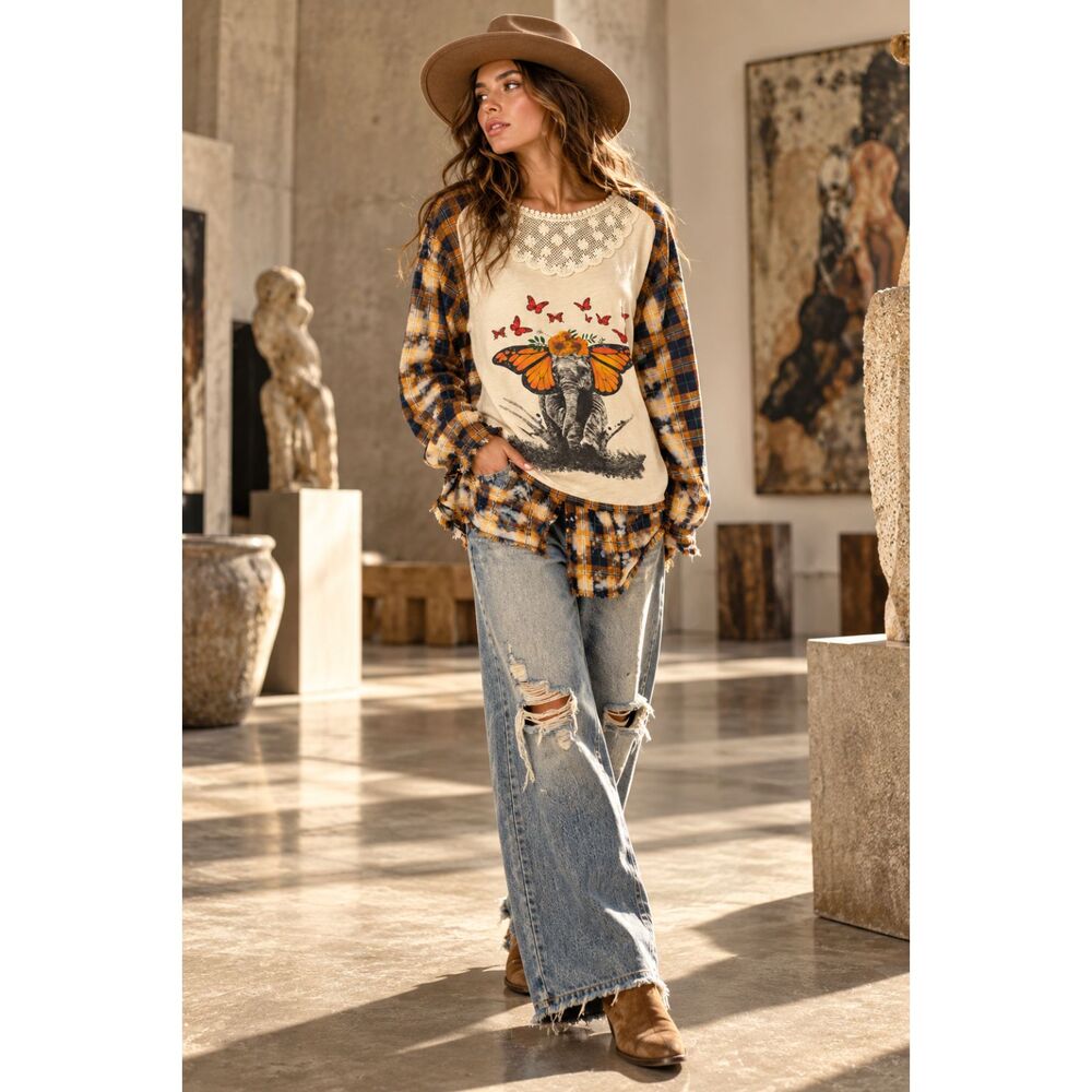 Jaded Gypsy Moving On Flannel Can Be Anything Elephant Butterfly L/XL